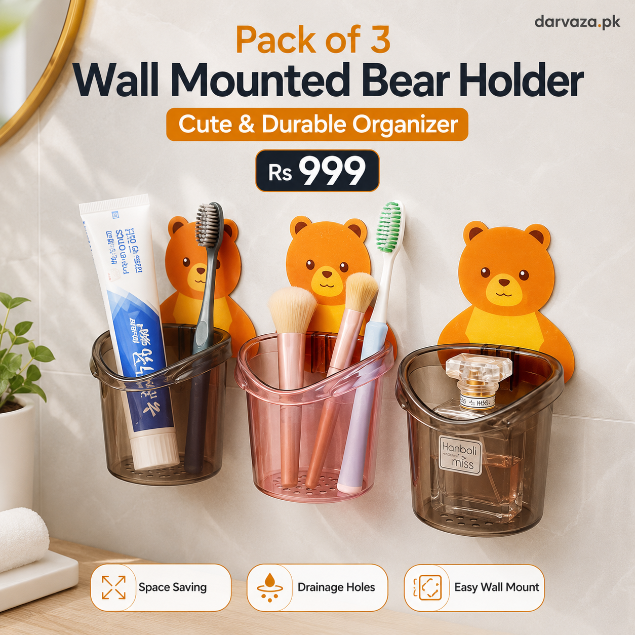 Pack of 3 Wall Mounted Bear Holder โ Cute & Durable Organizer