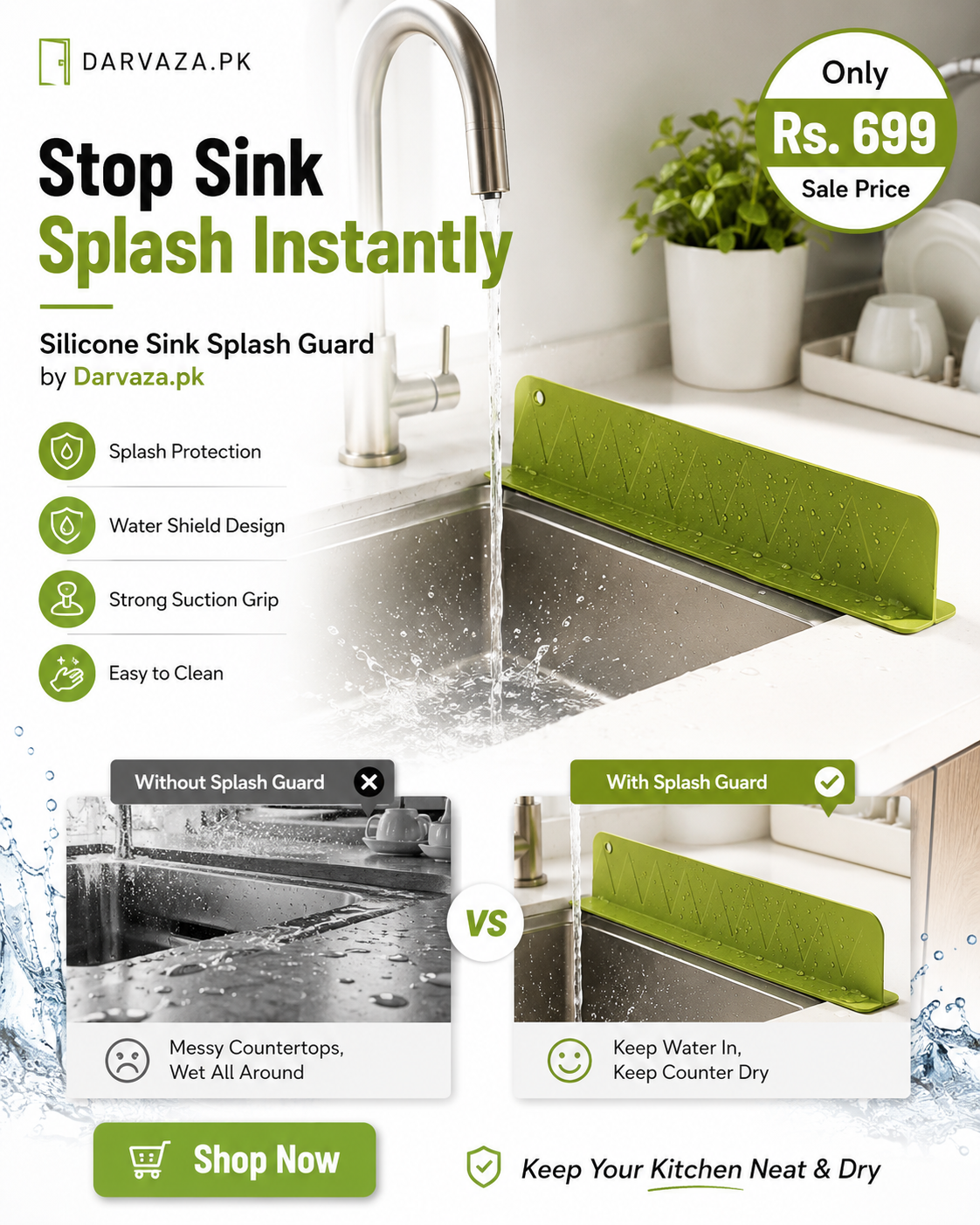 Silicone Sink Splash Guard and Water Sheild with Suction