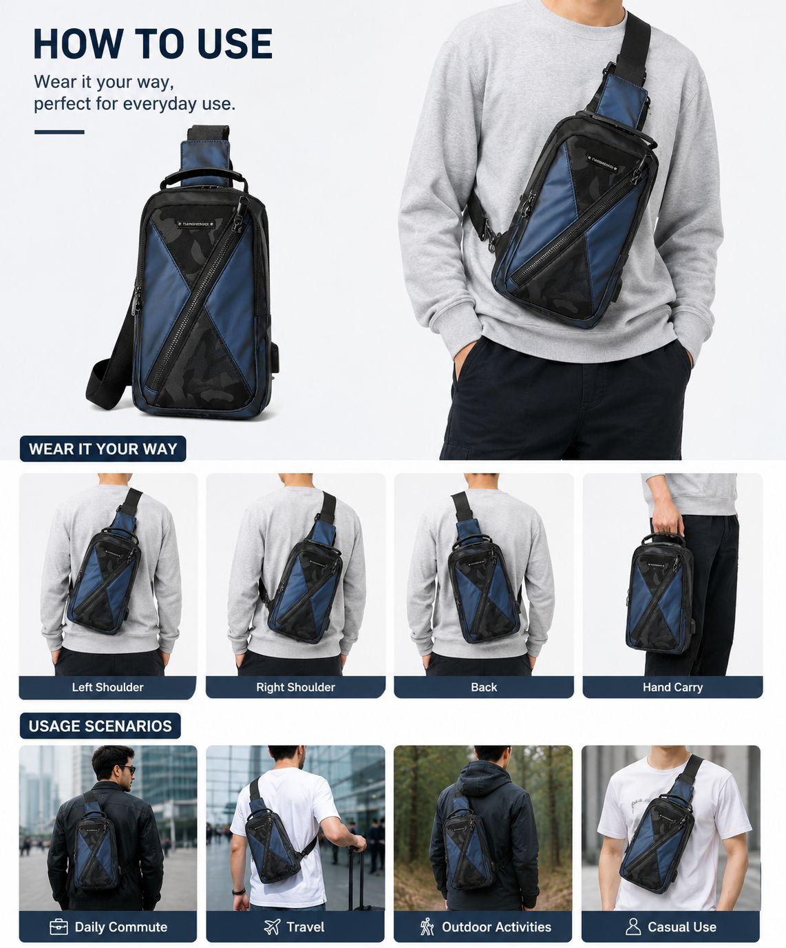 Camondo Blue Travel Crossbody Anti-Theft Sling Bag