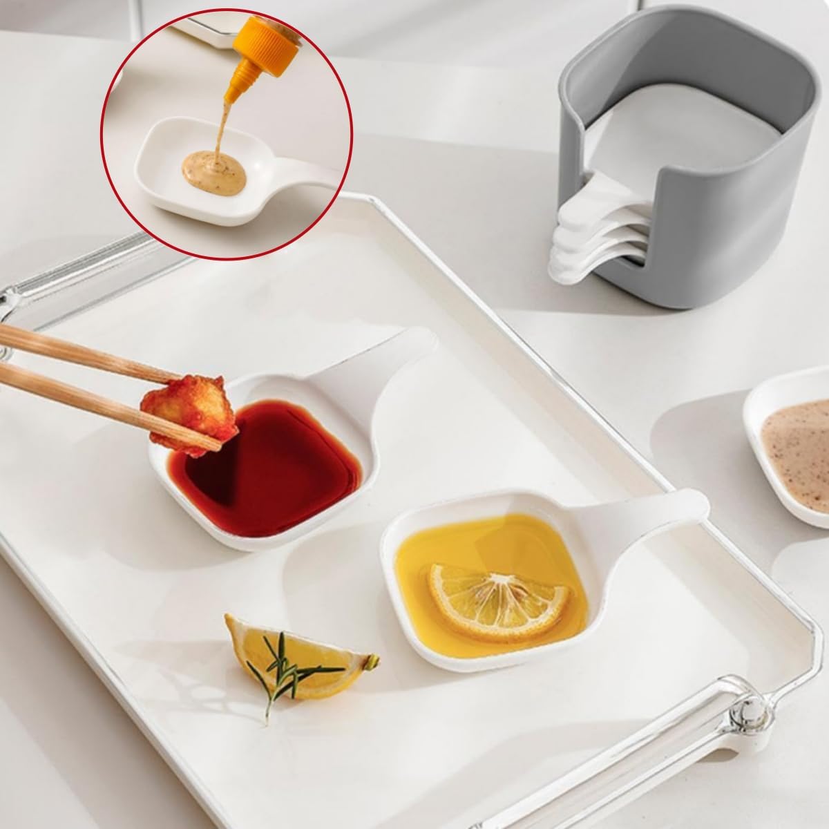 6-Piece Mini Sauce Dish Set with Storage Holder – Mess-Free Dipping Bowls