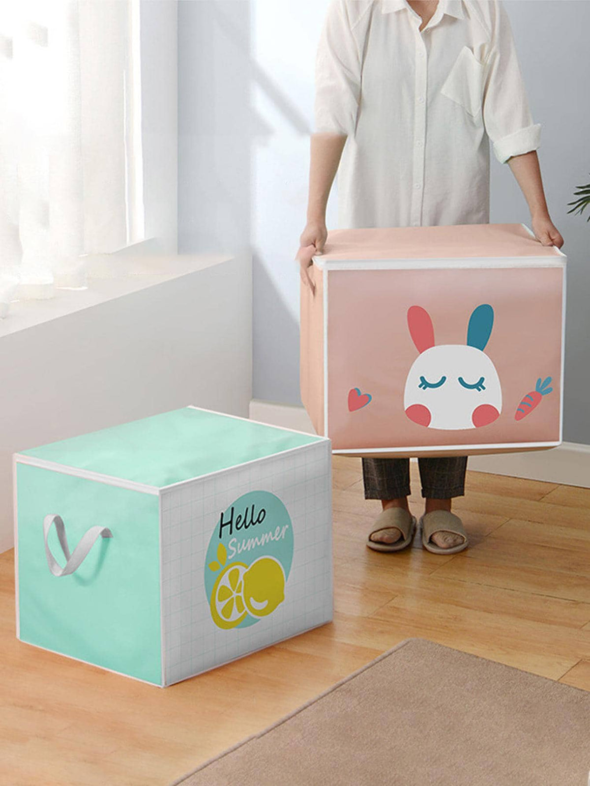(Pack of 3) Cartoon Animal Foldable Storage Organizer Bags with Zippers And Handles
