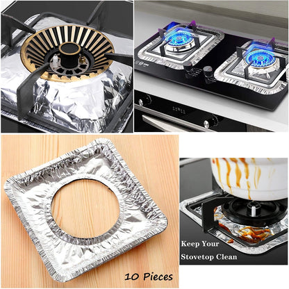 (Pack of 10) Disposable Oil Resistant and Heat Proof Aluminum Covers for Gas Stove Burners