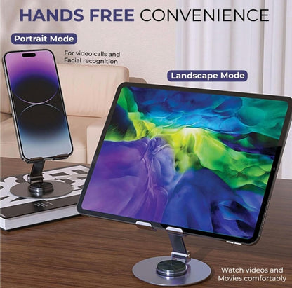 360° Rotating Heavy Metal Universal Mobile Stand with Anti-Slip Base for Desk and more – Foldable & Adjustable Holder