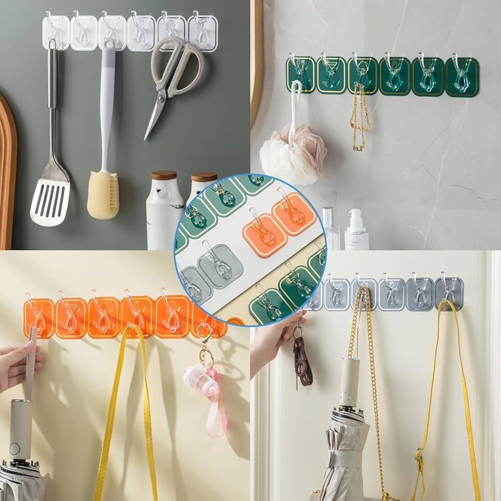 (Pack of 2) Wall Mounted Punch Free Strong Self Adhesive Stylish 6 Hook in Row For Home and Outdoor Use