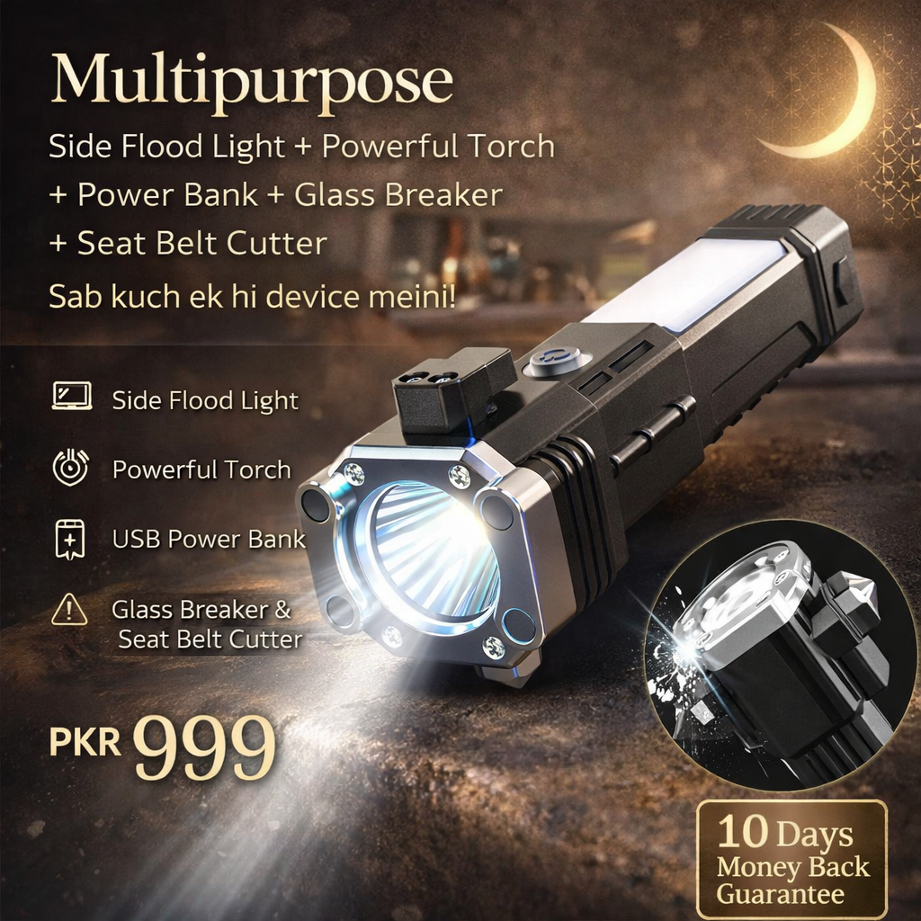 Side Flood Light Rescue Torch with Hammer and Seat Belt Cutter