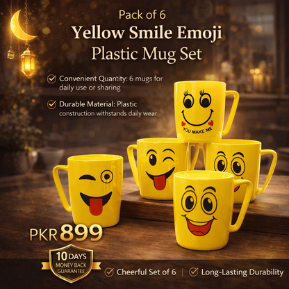 Pack of 6 Yellow Smile Emoji Plastic Mug Set