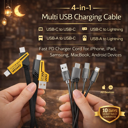 4-in-1 Multi USB Charging Cable – USB-C to USB-C, USB-C to Lightning, USB-A to USB-C, USB-A to Lightning | Fast PD Charger Cord for iPhone, iPad, Samsung, MacBook, Android Devices