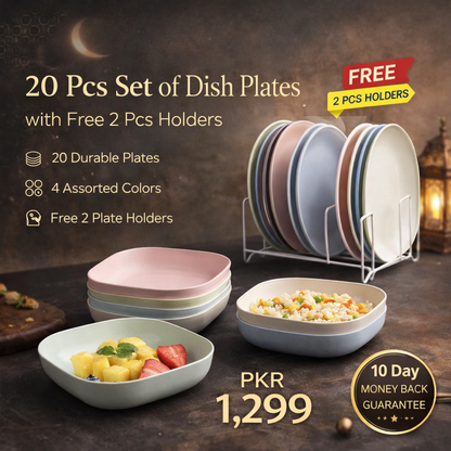 Azaadi Sale Offer 20 Pcs Set of Dish Plates with Free 2 Pcs Holders (20 Plates + 2 Holders)