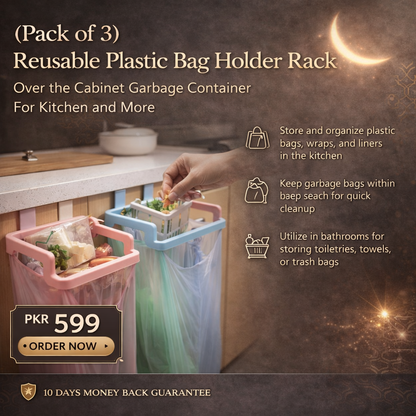 (Pack of 3) Reusable Plastic Bag Holder Rack Over the Cabinet Garbage Container For Kitchen and More
