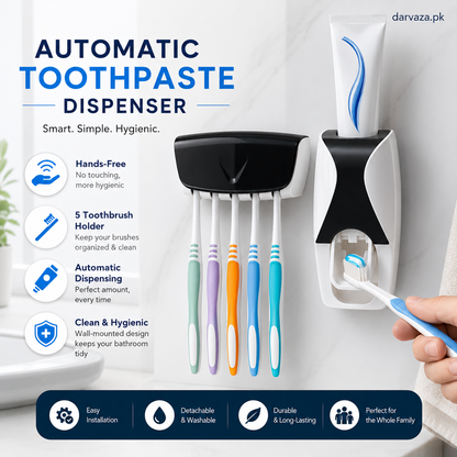 Automatic Toothpaste Dispenser Squeezer Hands Free Set and 5 Toothbrush Holder