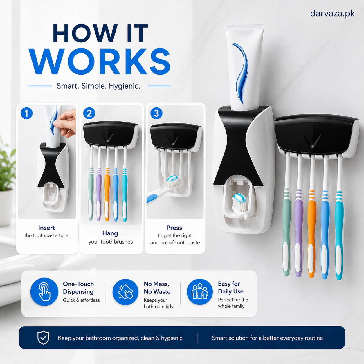 Automatic Toothpaste Dispenser Squeezer Hands Free Set and 5 Toothbrush Holder