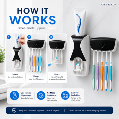Automatic Toothpaste Dispenser Squeezer Hands Free Set and 5 Toothbrush Holder