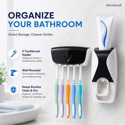 Automatic Toothpaste Dispenser Squeezer Hands Free Set and 5 Toothbrush Holder