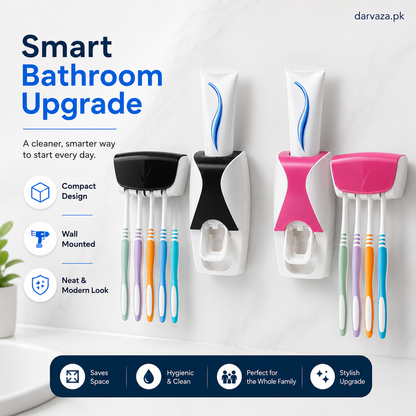Automatic Toothpaste Dispenser Squeezer Hands Free Set and 5 Toothbrush Holder