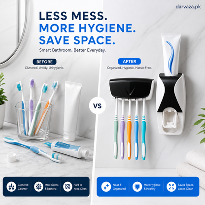 Automatic Toothpaste Dispenser Squeezer Hands Free Set and 5 Toothbrush Holder