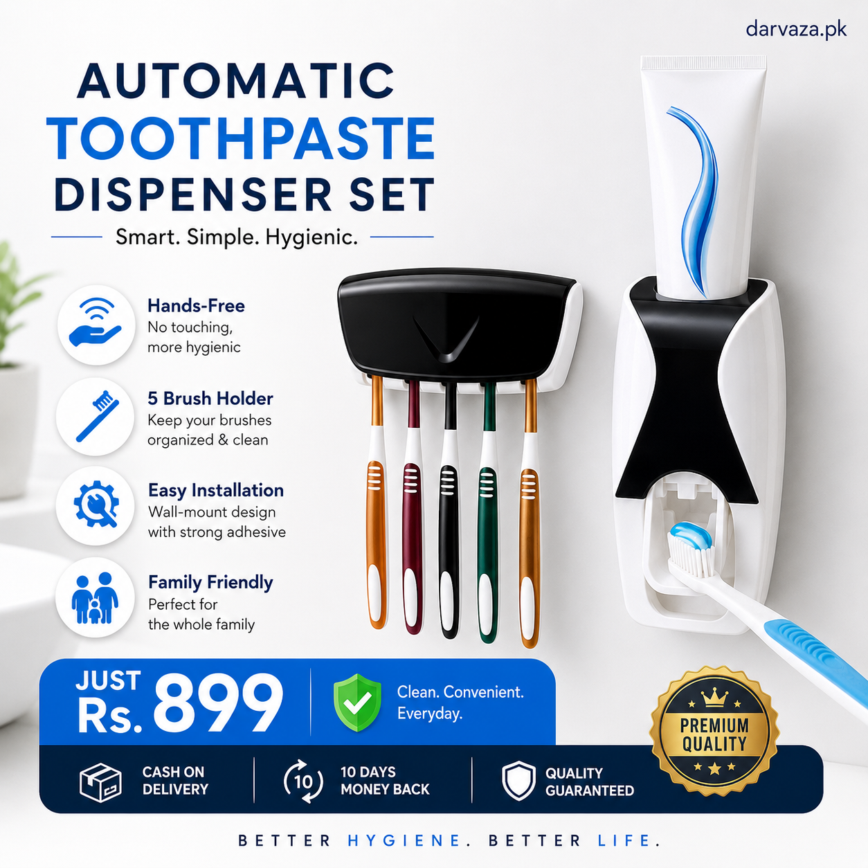 Automatic Toothpaste Dispenser Squeezer Hands Free Set and 5 Toothbrush Holder