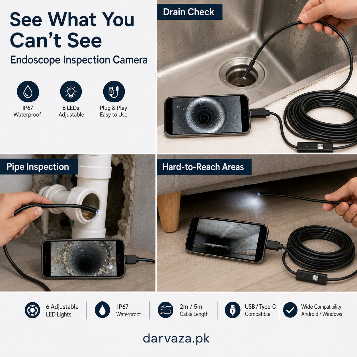 Waterproof Endoscope Camera for Inspection With 6 LED and Soft Cable