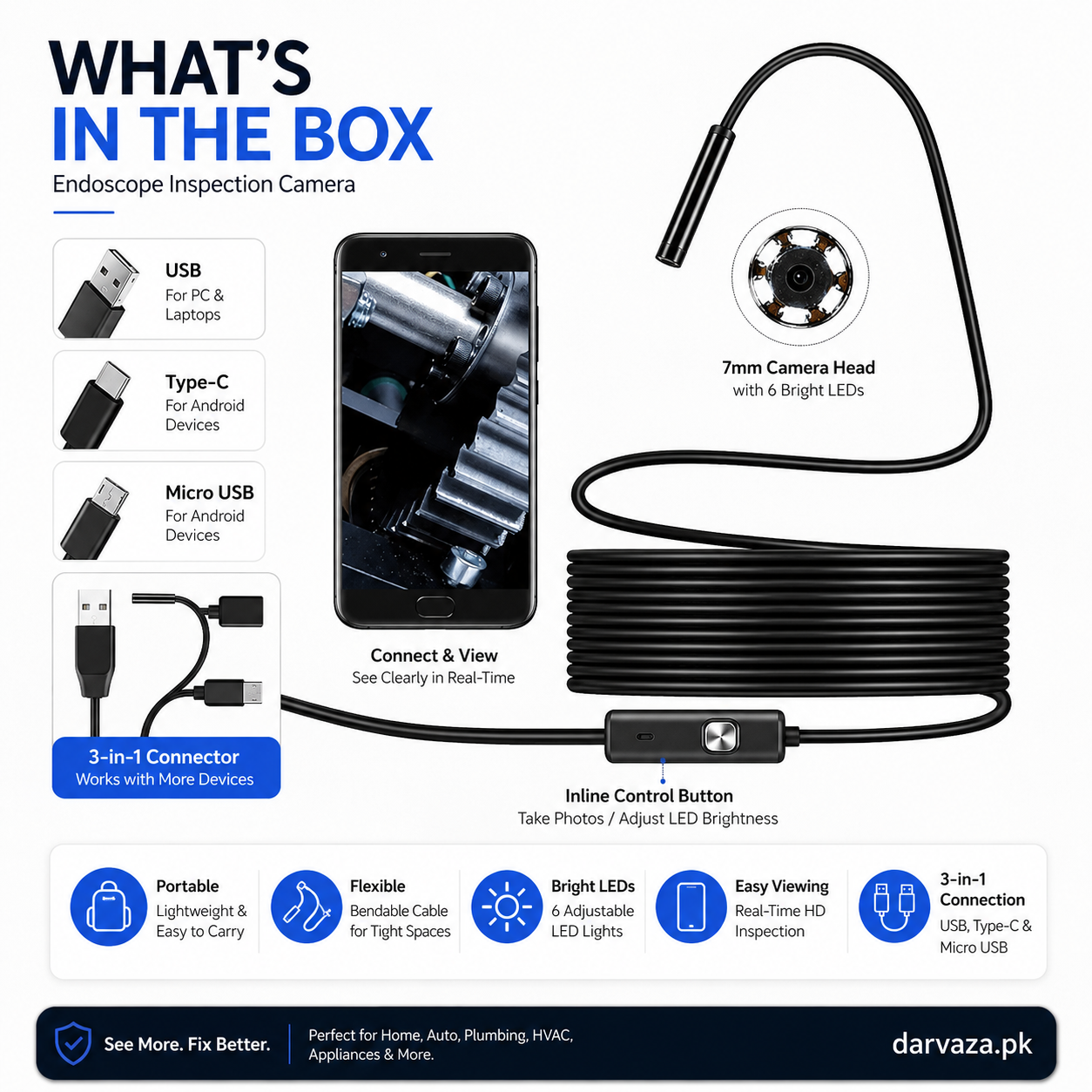Waterproof Endoscope Camera for Inspection With 6 LED and Soft Cable