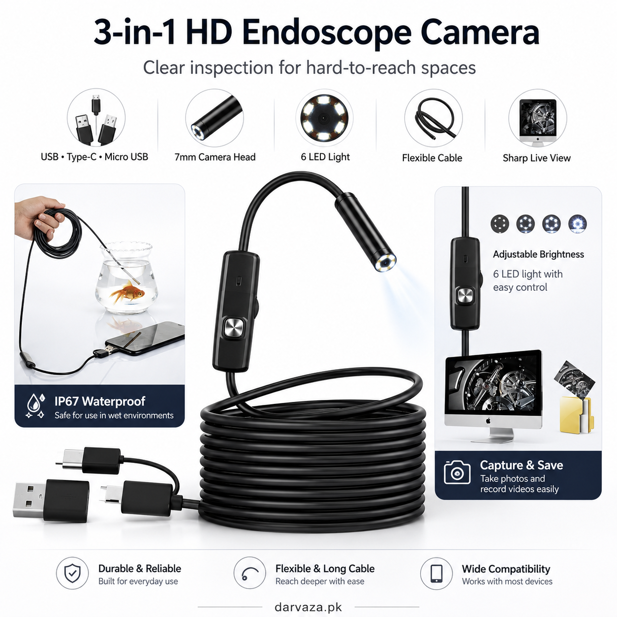 Waterproof Endoscope Camera for Inspection With 6 LED and Soft Cable