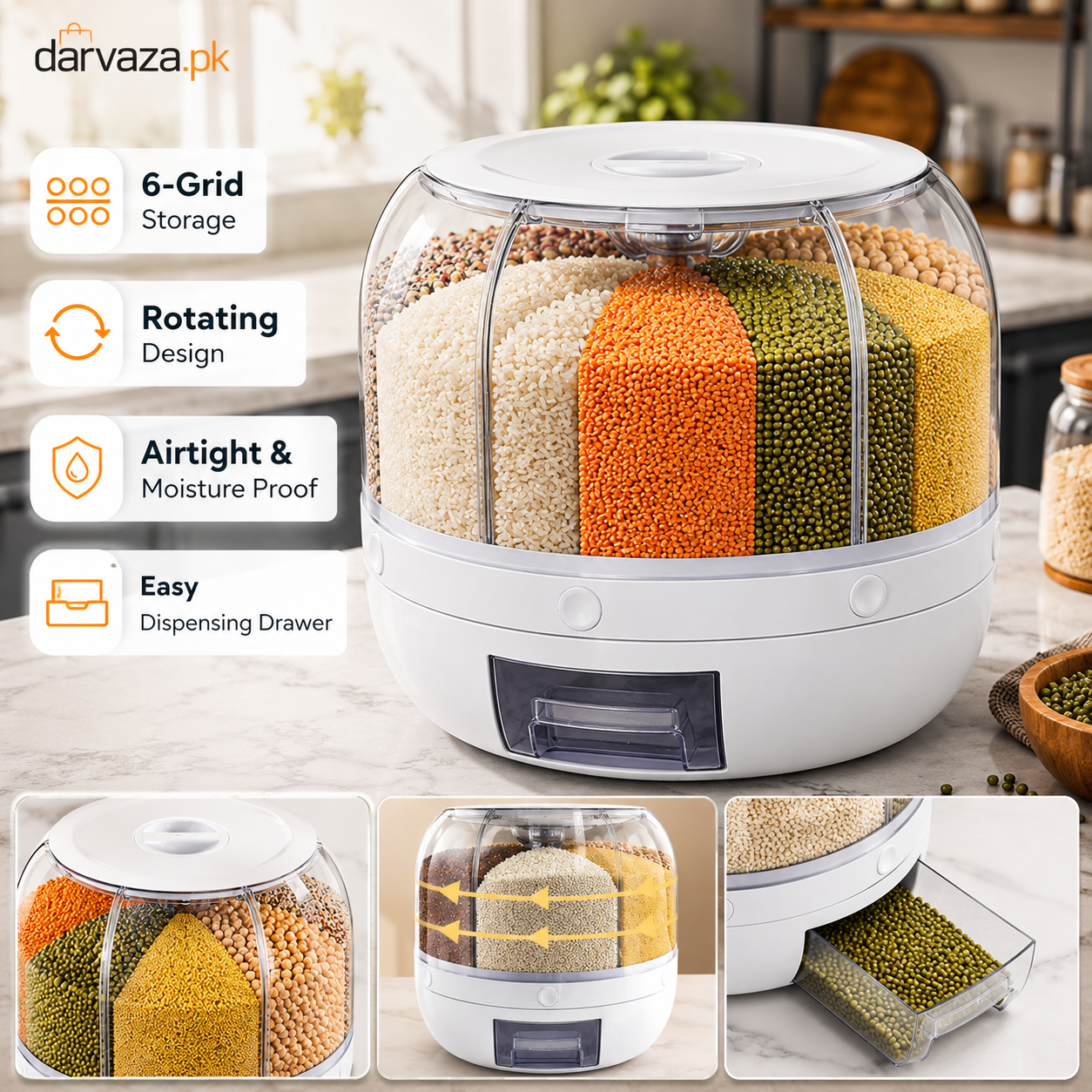 6 Grid Rotating Airtight Grain and Rice Container