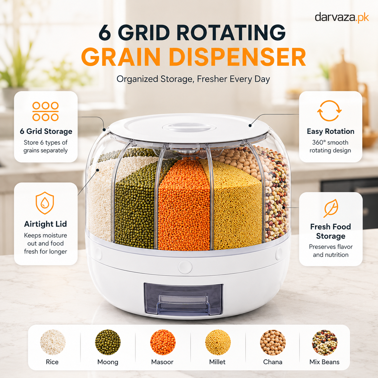 6 Grid Rotating Airtight Grain and Rice Container