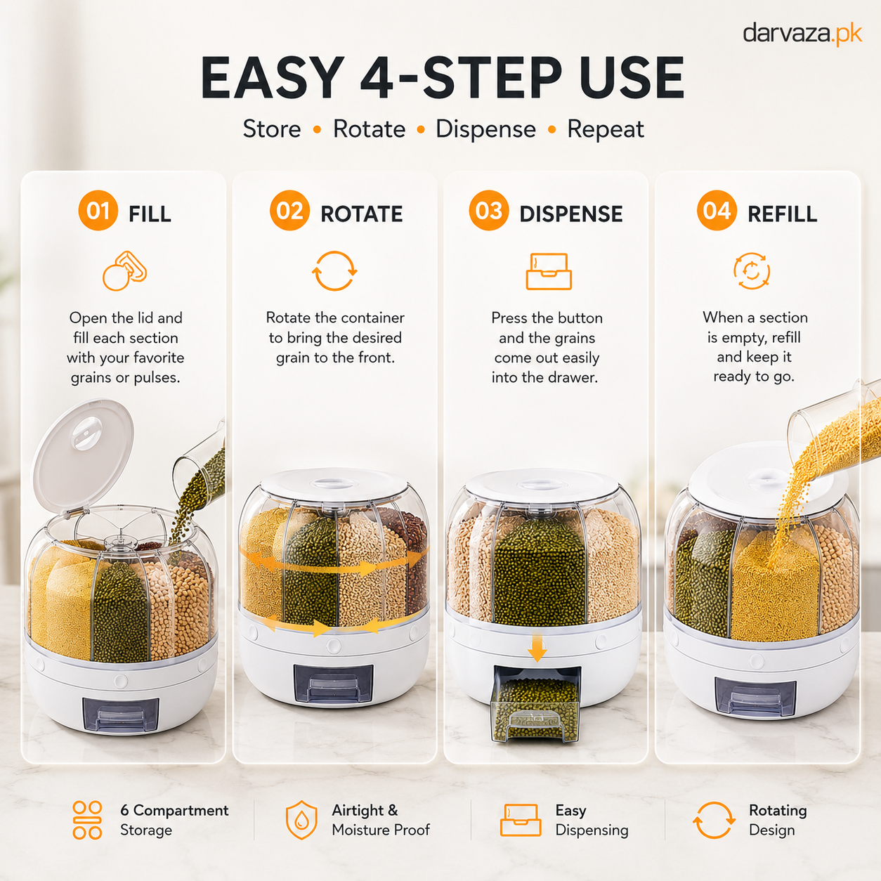 6 Grid Rotating Airtight Grain and Rice Container