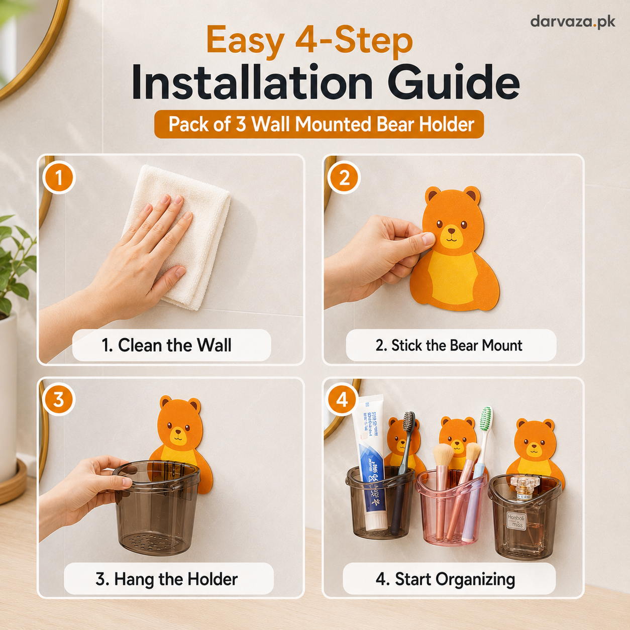 Pack of 3 Wall Mounted Bear Holder – Cute & Durable Organizer