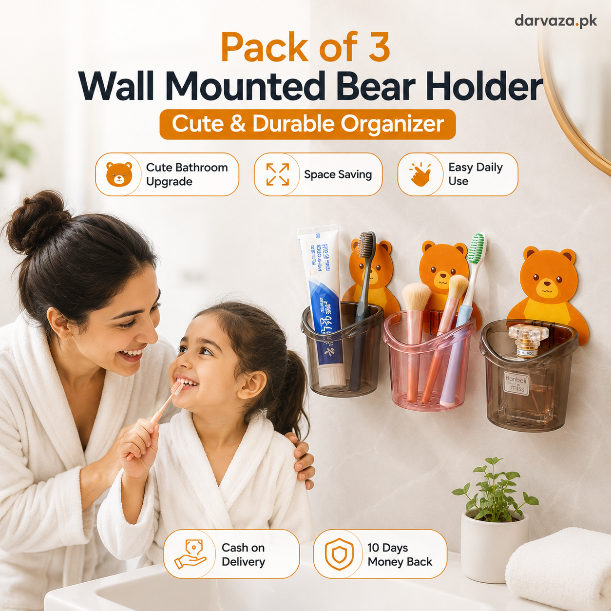 Pack of 3 Wall Mounted Bear Holder – Cute & Durable Organizer