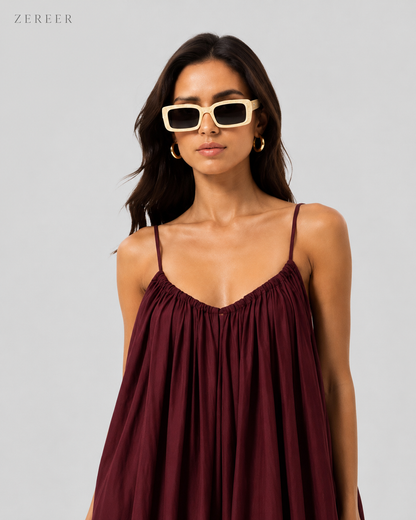 Maroon Backless Cami Gathered Maxi Dress with Back Flow
