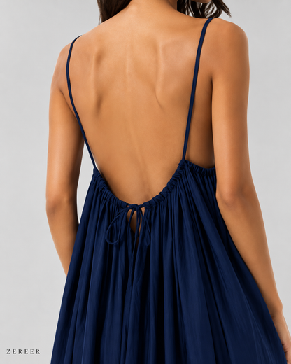 Navy Blue Backless Cami Gathered Maxi Dress with Back Flow