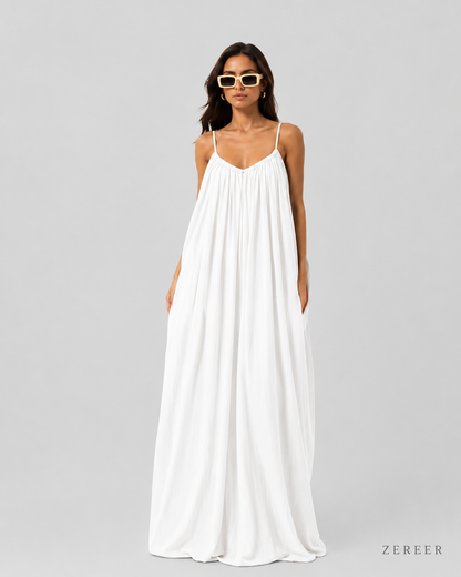 Pearl White Backless Cami Gathered Maxi Dress with Back Flow