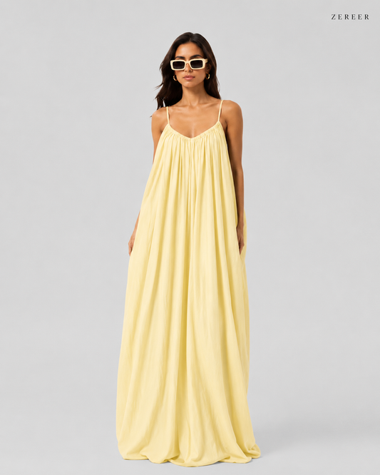 Yellow Backless Cami Gathered Maxi Dress with Back Flow
