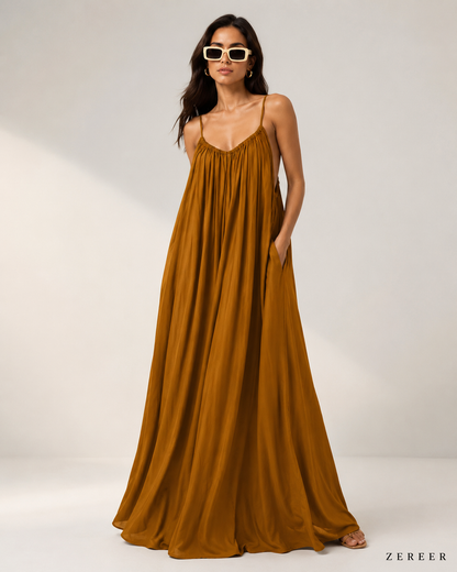 Premium Gathered Maxi Dress – Spaghetti Strap Long Backless Cami (Summer | Maternity | Nightwear Comfort Fit)