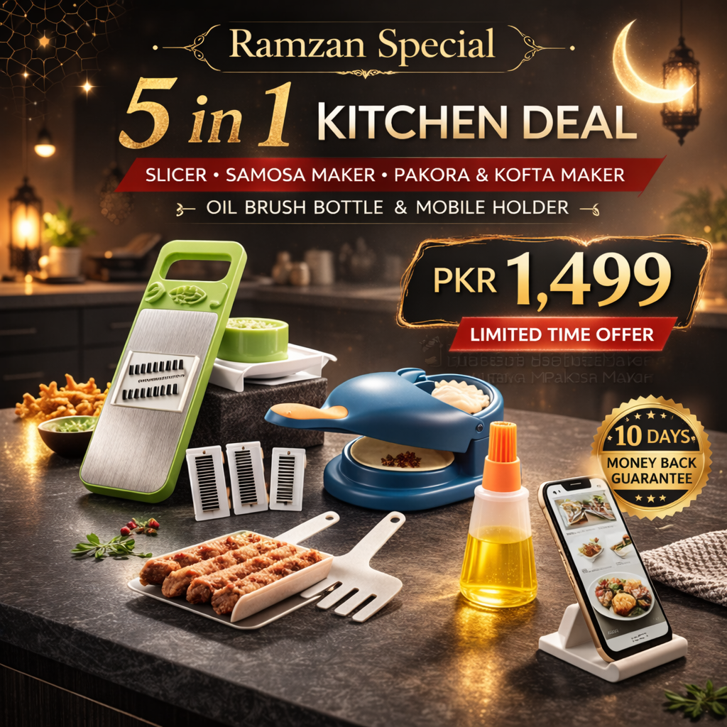 Ramzan Special 5 in 1 Kitchen Deal – Slicer, Samosa Maker, Pakora & Kofta Maker, Oil Brush Bottle & Mobile Holder – Only Rs.1499