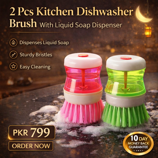 2 Pcs Kitchen Dishwasher Brush With Liquid Soap Dispenser