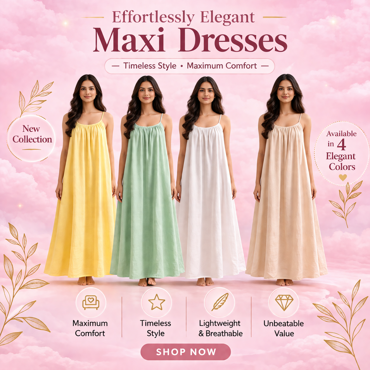 Premium Gathered Maxi Dress – Spaghetti Strap Long Backless Cami (Summer | Maternity | Nightwear Comfort Fit)