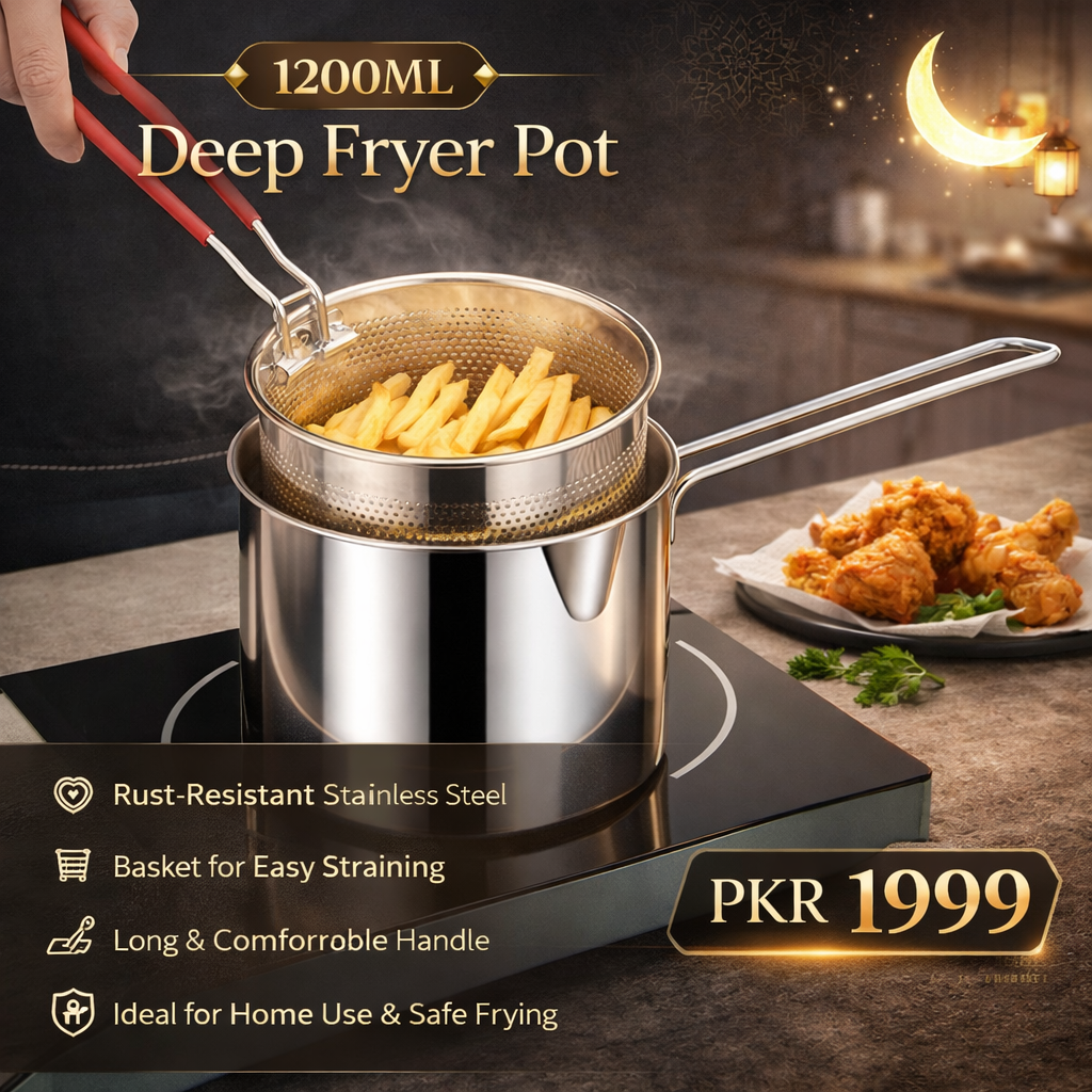 Multi Functional Stainless Steel Rust Resistant 1200ML Deep Fryer Pot with Strainer Basket and Long Handle Kitchen Oil Frying Pot Kettle for Home Use