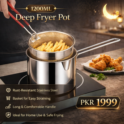 Multi Functional Stainless Steel Rust Resistant 1200ML Deep Fryer Pot with Strainer Basket and Long Handle Kitchen Oil Frying Pot Kettle for Home Use