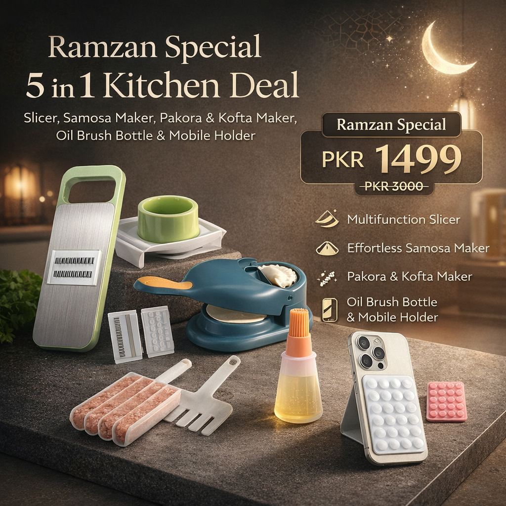 Ramzan Special 5 in 1 Kitchen Deal – Slicer, Samosa Maker, Pakora & Kofta Maker, Oil Brush Bottle & Mobile Holder – Only Rs.1499