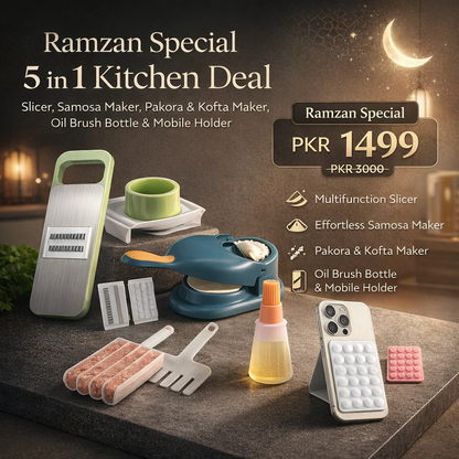 Ramzan Special 5 in 1 Kitchen Deal – Slicer, Samosa Maker, Pakora & Kofta Maker, Oil Brush Bottle & Mobile Holder – Only Rs.1499