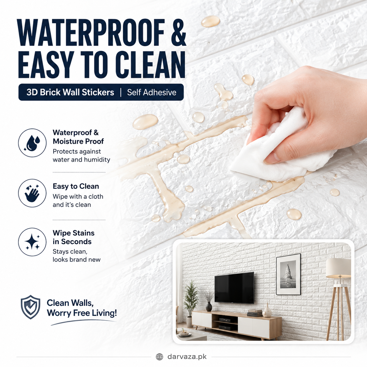 Water and Moisture Proof Anti Collision Self Adhesive White Brick Vinyl Tile Wallpaper Stickers For Home Decor