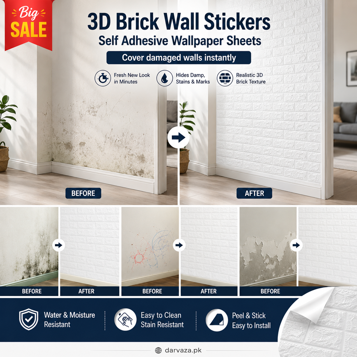 Water and Moisture Proof Anti Collision Self Adhesive White Brick Vinyl Tile Wallpaper Stickers For Home Decor
