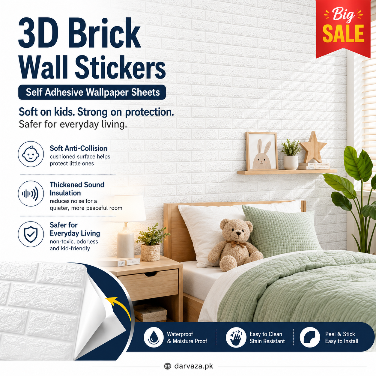 Water and Moisture Proof Anti Collision Self Adhesive White Brick Vinyl Tile Wallpaper Stickers For Home Decor
