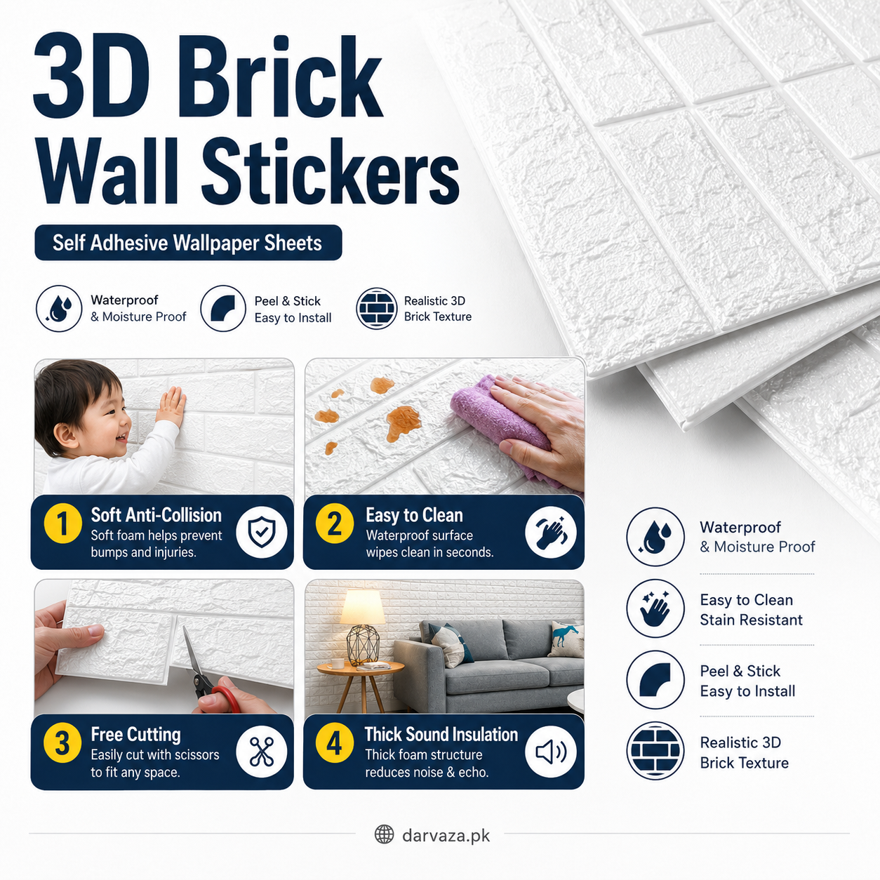 Water and Moisture Proof Anti Collision Self Adhesive White Brick Vinyl Tile Wallpaper Stickers For Home Decor