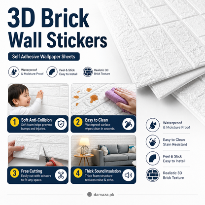Water and Moisture Proof Anti Collision Self Adhesive White Brick Vinyl Tile Wallpaper Stickers For Home Decor