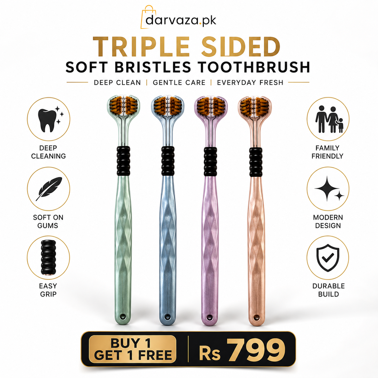 Buy 1 Get 1 Free Triple Sided Soft Bristles Toothbrush