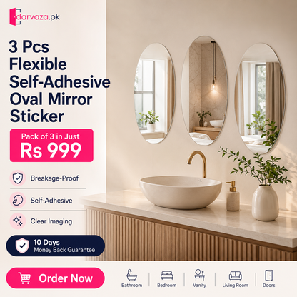 Pack of 3 Flexible Self-Adhesive Oval Shape Mirror Stickers (3 Pcs)
