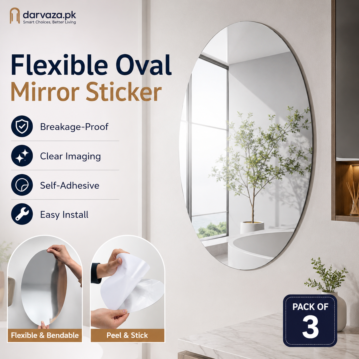 Pack of 3 Flexible Self-Adhesive Oval Shape Mirror Stickers (3 Pcs)