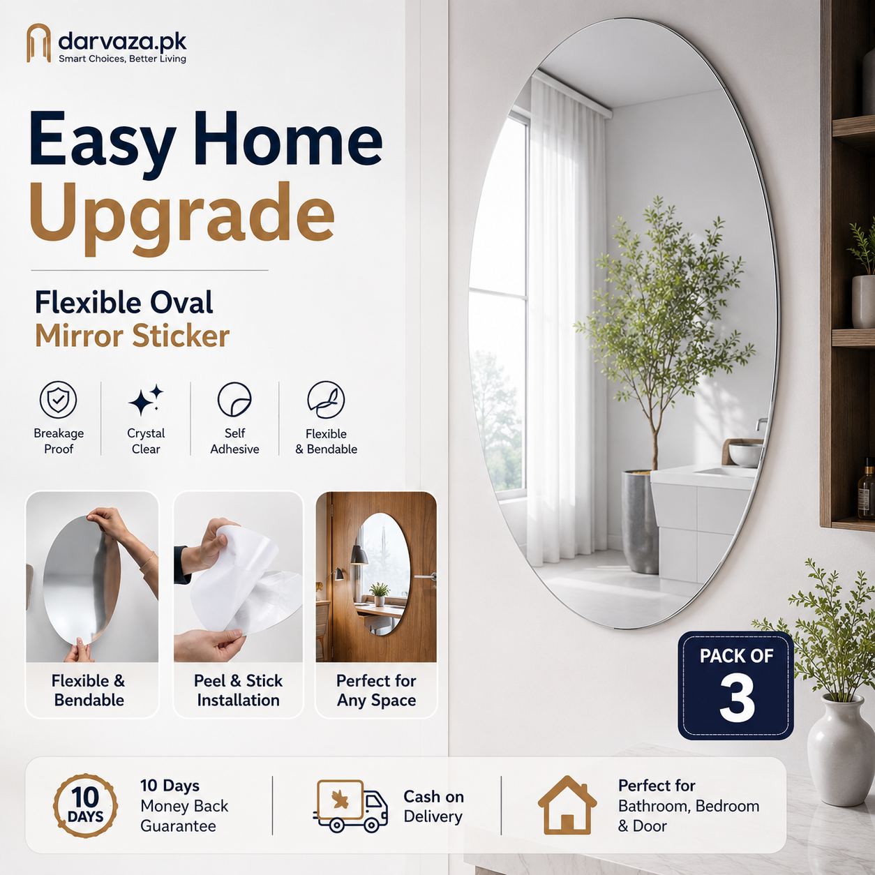 Pack of 3 Flexible Self-Adhesive Oval Shape Mirror Stickers (3 Pcs)