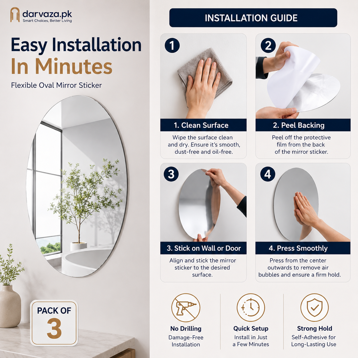 Pack of 3 Flexible Self-Adhesive Oval Shape Mirror Stickers (3 Pcs)
